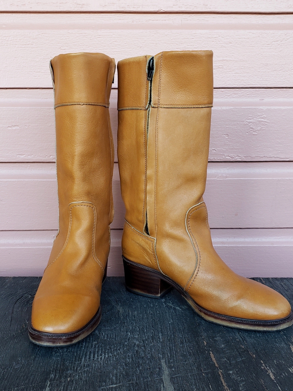 Rare 1970s Women's Tan Leather Mid-Calf Heeled Boots